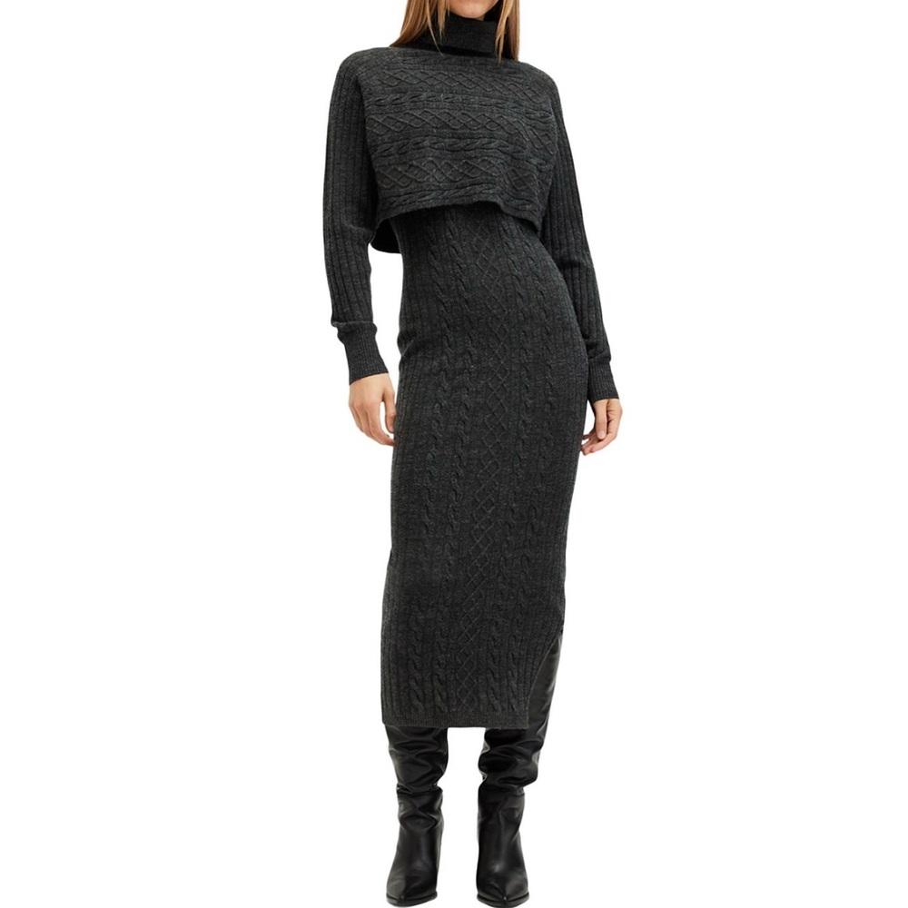 NWOT ALL SAINTS Muriel 2-In-1 Knitted Dress. Size: S Color: Cinder Black